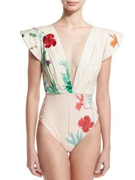 2023New פרח הדפסה ביקיני החליפה עמוק צוואר V סקסי, רזה שיק פשוטה בגדי ים ללא משענת איסוף חלקה החדרת Beachwear נשים