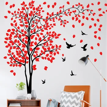 4pcs עץ גדול אדום עלה ציפור צמח קיר מדבקה יצירתי חדר ילדים סלון, חדר השינה מחקר קישוט קיר קיר מדבקה