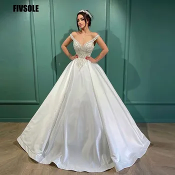 Fivsole V-צוואר שמלת נשף שמלת החתונה 2022 תחרה Beadings שרוולים קצרים כלה שמלה בהזמנה אישית חלוק דה Mariee Vestido De נוביה
