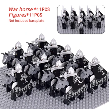 MOC ימי הביניים גונדור אבירים שר הטבעות דמויות להגדיר לוחם משוריין חיילים סוס מלחמה הצבא כלי נשק חרב מגן הקסדה לבנים צעצועים