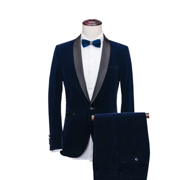 Mens חליפות צעיף צווארון 2 חתיכות Slim Fit כחול, בורדו, שחור, ירוק החליפה Mens קטיפה ' קט טוקסידו לחתונה(קט+מכנסיים)