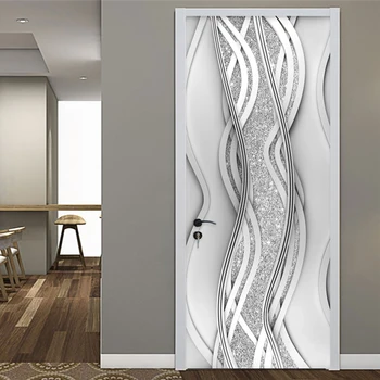 PVC הדלת מדבקה 3D מודרניים מופשטים קו האופנה כסוף פנינה טפט בסלון אמנות הדלת פוסטר דביק מדבקות קיר