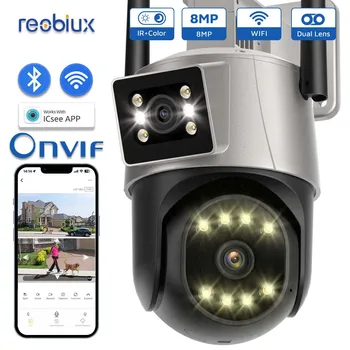 Reobiux Wifi המצלמה PTZ חיצונית מעקב 8MP כפול עדשה IP מצלמת אבטחה CCTV הגנה כפולה מסך המצלמה עם ICsee App