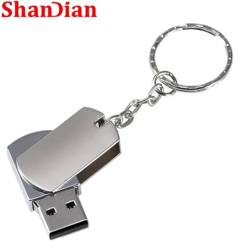 SHANDIAN כונני הבזק מסוג USB 64GB מהירות גבוהה כונן עט מיני מתכת עם מחזיק מפתחות מכסף, המסתובב מקל זיכרון עסקים מתנה דיסק U