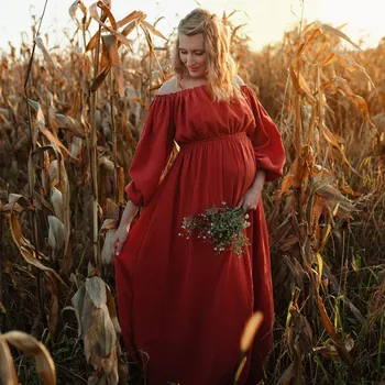 Shoulderless כותנה שמלה ארוכה עבור יולדות צילום אבזרים בוהמיים מוצק מקסי בהריון מקלחת תינוק שמלות Premama פוטושוט