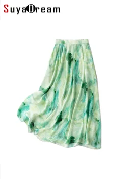 SuyaDream נשים ירוק החצאית 100%משי קרפ דה chine קו מודפס חצאיות ארוכות 2023 סתיו חורף ישבנים