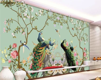 beibehang המסמכים דה parede תמונה מותאמת אישית טפט קיר פרחים ציפור טווס איור הטלוויזיה רקע קיר מסמכי עיצוב הבית