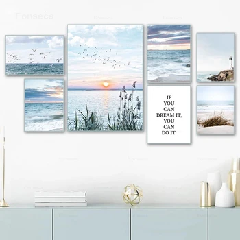אוקיינוס נוף בד הציור החוף כרזה ציפורים הדפסה הים קו המגדלור טביעות נורדי תמונות קיר לסלון עיצוב