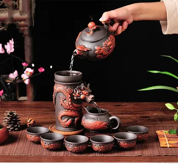 אותנטי Yixing הדרקון קומקום סטים 9pcs בוטיק סגולים קליי ערכת תה בעבודת יד זישה תה סיר כוס להגדיר מותאם אישית Teaware מתנה