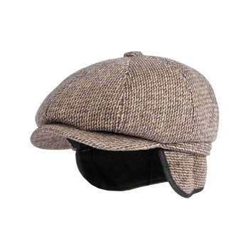 בגיל העמידה כתב כובע גברים חורף מעובה Earflap חם כומתה כובע קלאסי מוצק הבריטי רטרו צמר מתומן הכובע