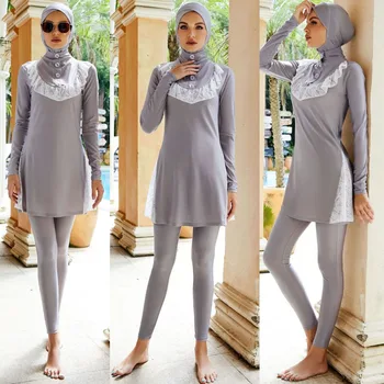 המוסלמים בגדי ים חליפה Burkini נשים בגדי תחרה שרוול ארוך כפתורים שחייה ללבוש הערבי טורקיה 3 חתיכות האסלאמית חיפוי מלא