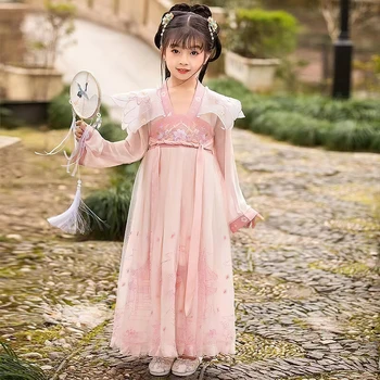 ורוד זמן Hanfu עבור בנות ילדים רוקדים נסיכה שמלות ילדים רקמה Hanfu סינית מסורתית בגדי משי Hft065