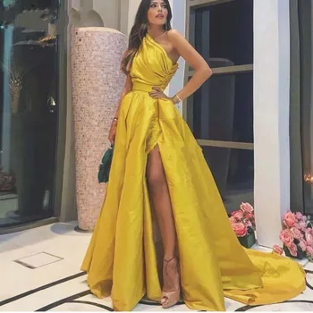 זהב שמלת ערב מותאמת אישית דובאי החלוק דה נשף רשמית כתף אחת ארוכה שמלות לנשף 2020 ערבית סלבריטאים מסיבת שמלות Vestidos