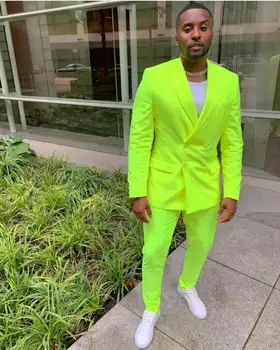חדש ניאון ירוק חליפות גברים טוקסידו חתן ללבוש לחתונה תחפושת Homme 2PCS שיא דש Slim Fit Terno Masculino(ז ' קט+מכנסיים)