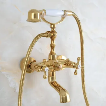 יוקרה צבע זהב פליז טלפון סגנון ברזים לאמבטיה ברז מיקסר עם היד מקלחת ריסוס ג ' קוזי חם מים קרים מהברז