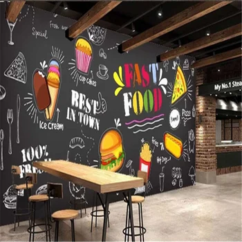 מותאם אישית פיצה בורגרס מסעדה רקע ציור הקיר טפט 3D חטיף בר המבורגר המערבי מזון מהיר נקניקיות נייר קיר 3D