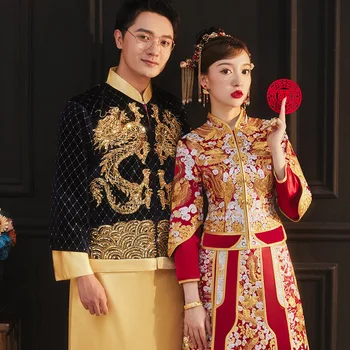 סיני חדש בסגנון וינטג 'מנדרין צווארון טוסט בגדי הכלה פיניקס רקמה צ' יפאו שמלת החתונה