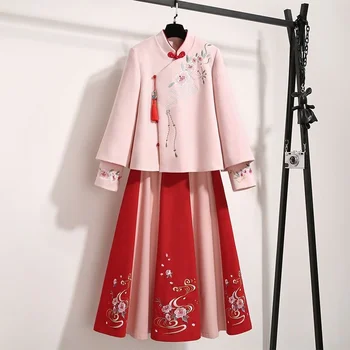 סתיו סגנון אתני טאנג מעיל וינטג ' Harajuku רקמה סיני טופ וחצאית של נשים 2023 אלגנטי מתאים רופף של נשים להגדיר