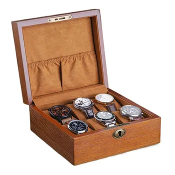 עץ קופסת השעון עם מנעול לצפות קופסאות אחסון 6 חריצי צמיד תכשיטים שעוני יד מגש תצוגה ארגונית אוסף