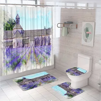 ציור שמן המדינה לבנדר שדה פרחים וילון מקלחת סט וינטג ' בית חווה שירותים המסך שטיחון לאמבטיה מכסה האסלה כיסוי שטיח