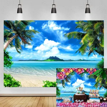 קיץ חוף רקע עצי דקל עלים כחול הים והשמיים סצנת החתונה ויניל רקע צילום סטודיו צילום אביזרים