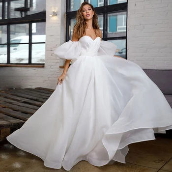 רומנטי טול שמלות חתונה עם להסרה פאף שרוולים אלגנטיים מתוק קו כלה שמלת נסיכה שמלות Vestido de Noiva