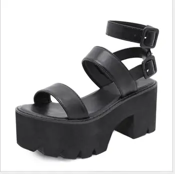 רצועת קרסול קיץ אופנה נשים סנדלי בוהן פתוח נעלי פלטפורמה גבוהות עקבים עבים נקבה שחור ייחודי מסיבת נעלי גודל גדול