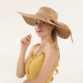 שוליים רחבים, חוף כובעי קש לנשים קשת-קשר עיצוב קרם הגנה מתקפל רצועת נשים כובע קש הכובעים נשים דייג הכובע